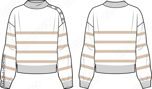 Women's Button Detail, Striped Jumper. Technical fashion illustration. Front and back, colored. Women's CAD mock-up.
