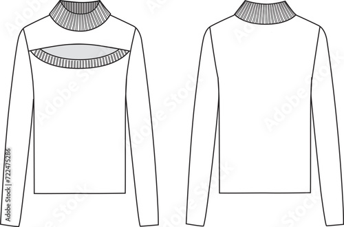 Women's Mock Neck Cut Out Knit Jumper. Technical fashion illustration. Front and back, white color. Women's CAD mock-up.