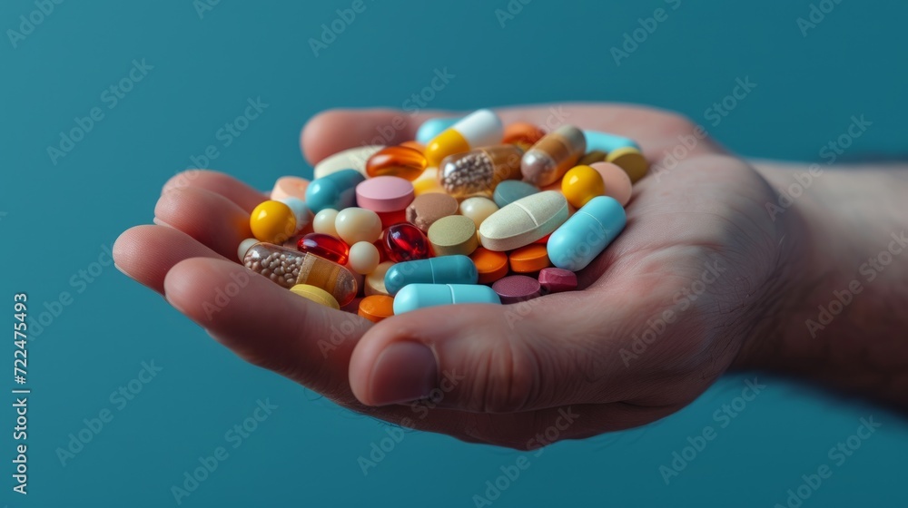 A man's hand holds a large handful of different pills A man's hand holds a large handful of different pills