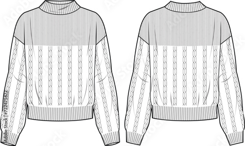 Women's Mock Neck Half Cable Jumper. Technical fashion illustration. Front and back, white color. Women's CAD mock-up.