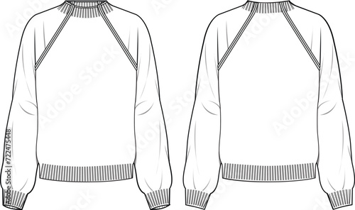 Women's Mock Neck, Raglan Jumper. Technical fashion illustration. Front and back, white color. Women's CAD mock-up.