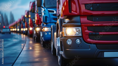 Row of Trucks on Highway Twilight Transport Logistics