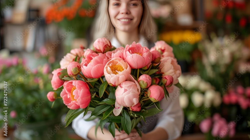 A young beautiful girl florist makes a bouquet of peonies