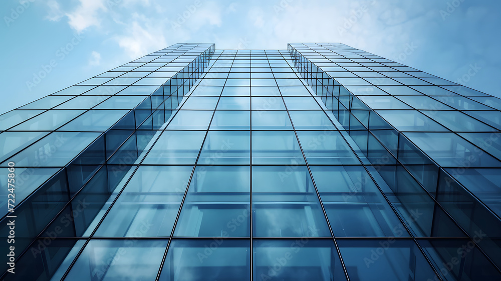 Modern Glass Office Building Facade Against Blue Sky