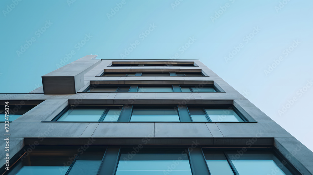 Upward View of Modern Building Facade with Clear Sky Background Upward View of Modern Building Facade with Clear Sky Background
