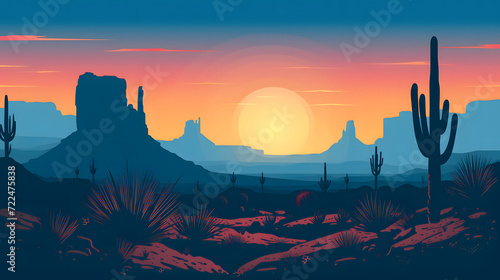 Vector Illustration of Sunset in the Arizona Desert with Cactus Silhouettes