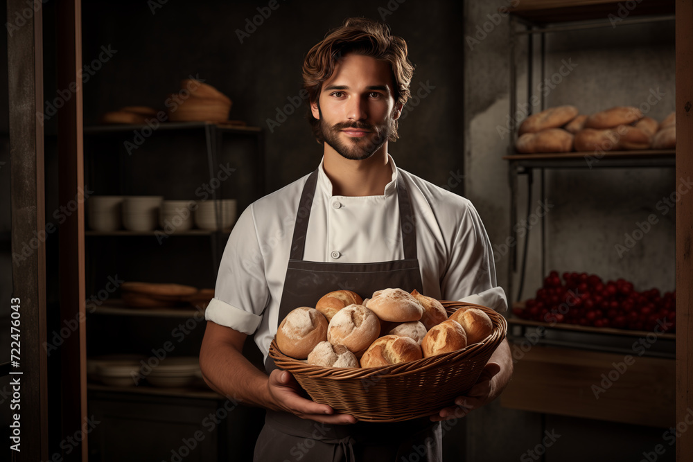 Handsome bearded male baker holding wicker basket with baked fresh crispy buns in his hands Handsome bearded male baker holding wicker basket with baked fresh crispy buns in his hands