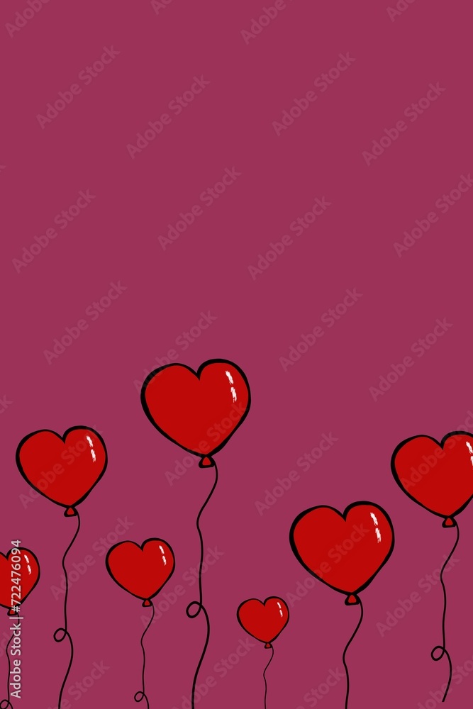 Red heart shaped valentines day balloons on red background illustration