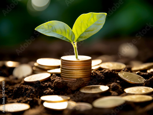 Sapling Growing from Coins Investment Concept