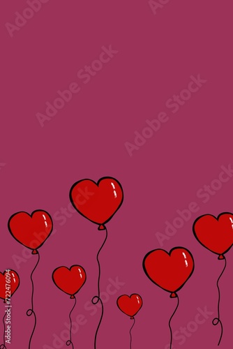 Red heart shaped valentines day balloons on red background illustration