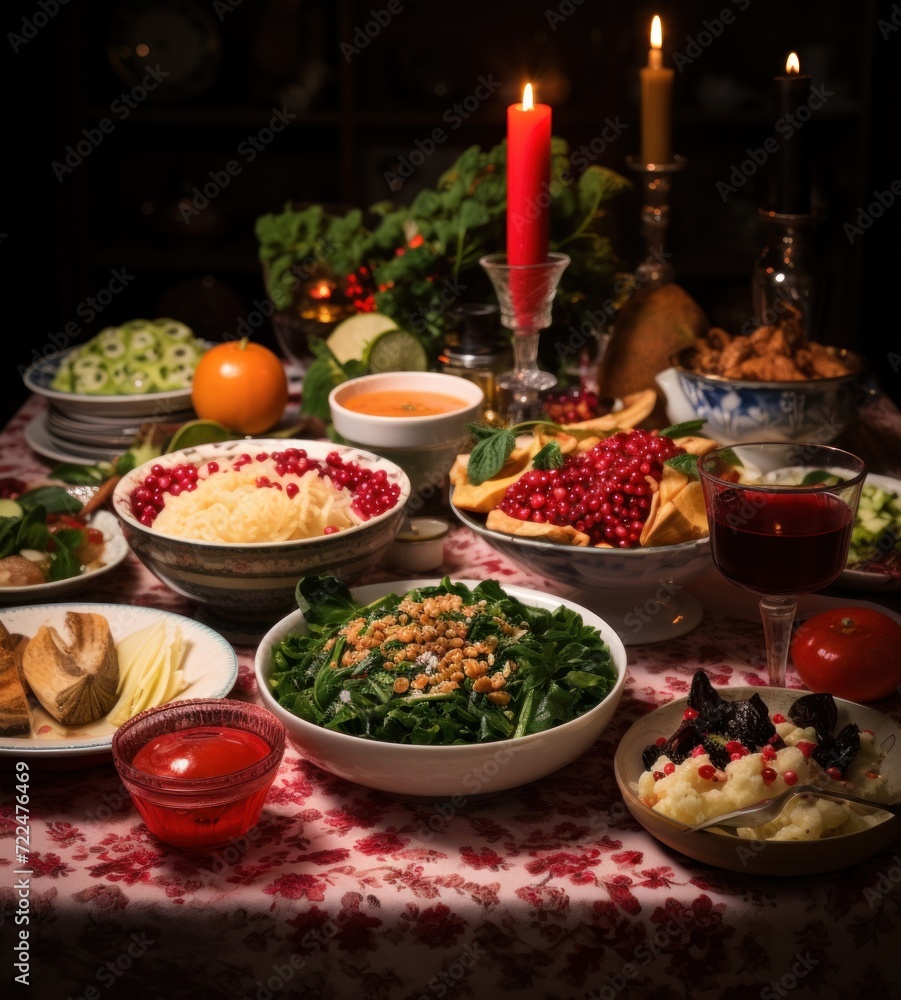  a table topped with bowls of food next to a candle and a plate of food on top of a table.