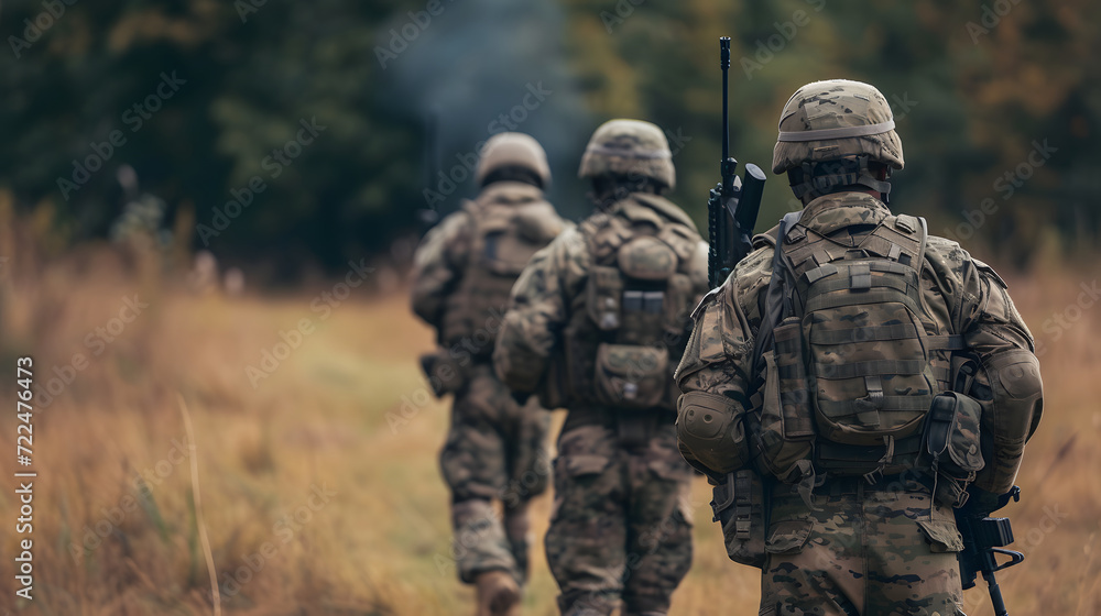 Squad of Soldiers on Patrol in Camouflage Gear Squad of Soldiers on Patrol in Camouflage Gear