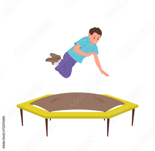 Playful boy cartoon character flying over trampoline making gymnastics tricks isolated on white