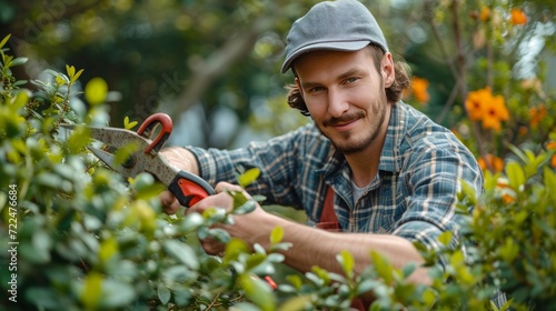 A young handsome gardener trims a boxwood bush with large garden scissors