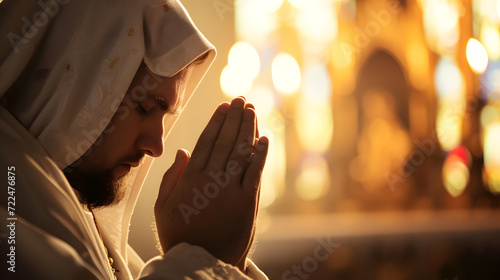 Devout Man Praying in Traditional Attire with Golden Sunset Light
