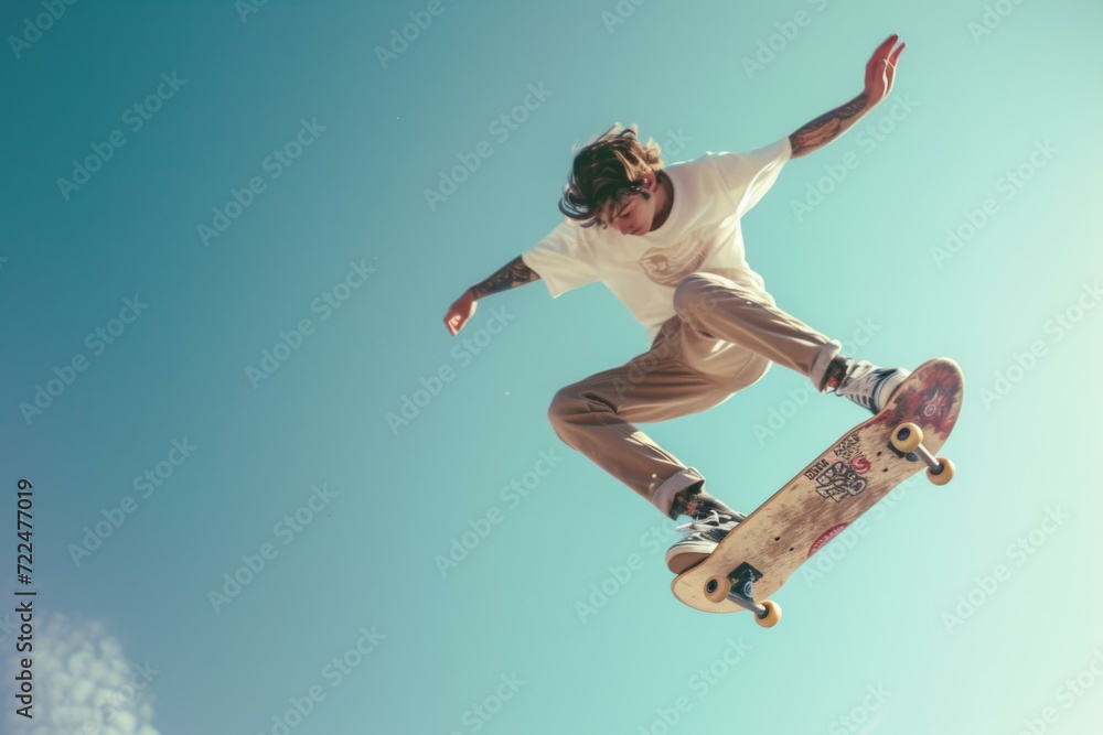 Skateboarder Performing Trick Against Clear Blue Sky