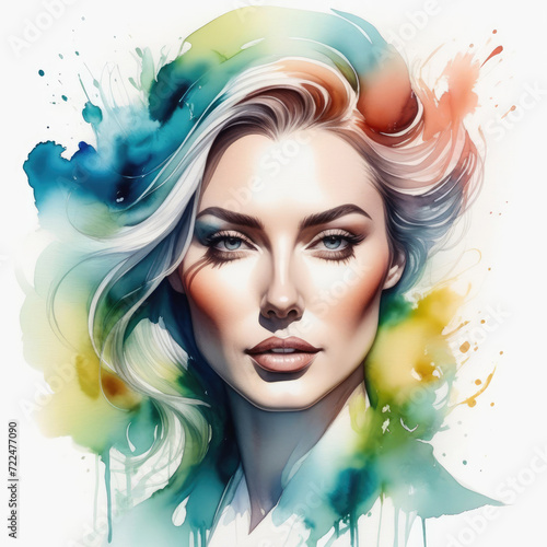 Abstract watercolor drawing of a woman with wavy hair, close-up