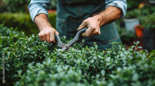 A young handsome gardener trims a boxwood bush with large garden scissors