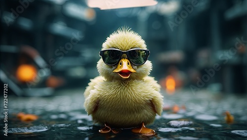 Littel since duck. Withe glasses and material banner photo