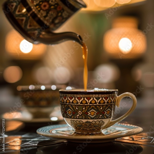 Traditional Tea Pouring into Ornate Cup, Hospitality Concept