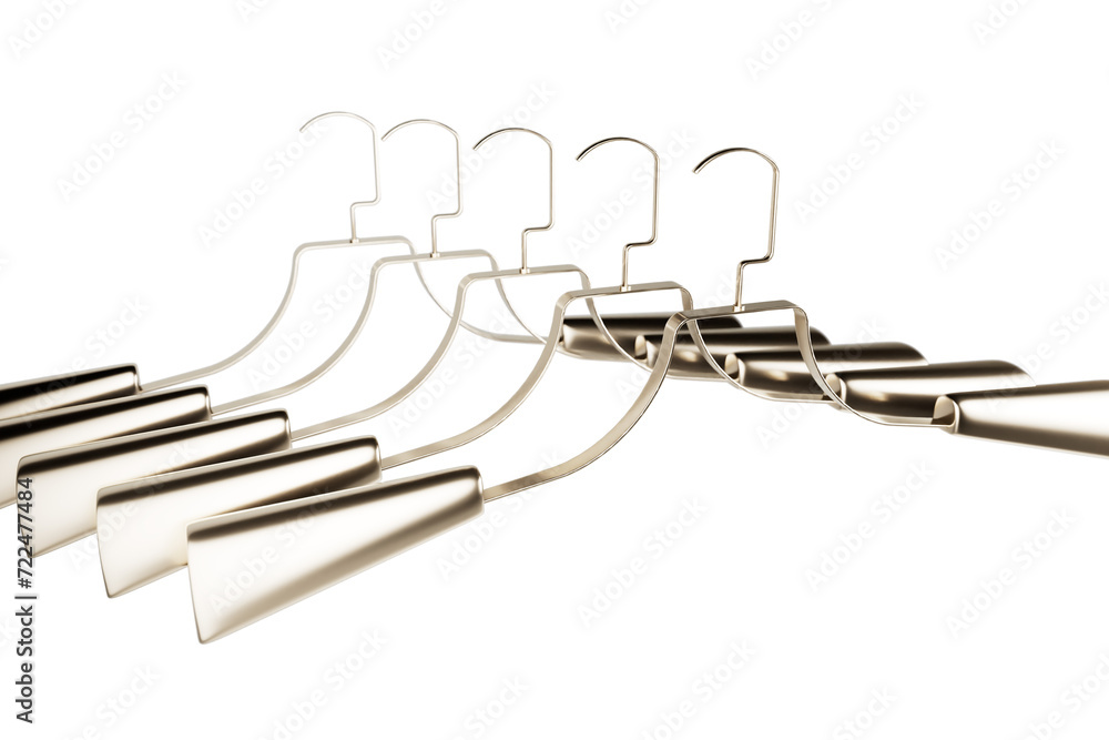 Five pieces of Golden premium designer metal hanger isolated on a transparent background. Front view