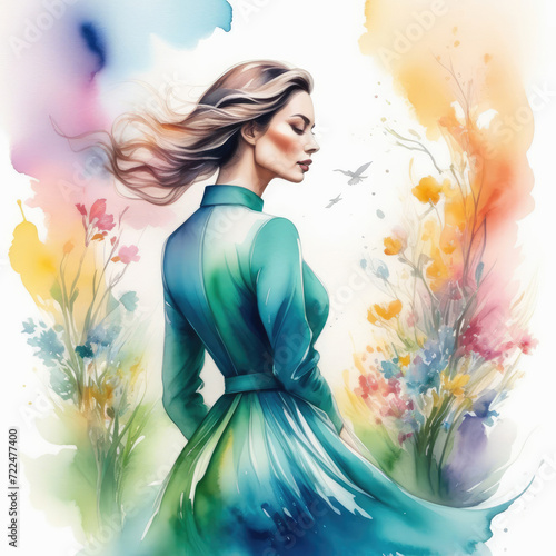 Abstract watercolor drawing of a woman with flowing hair in spring, half-turned view. Flowers on the background