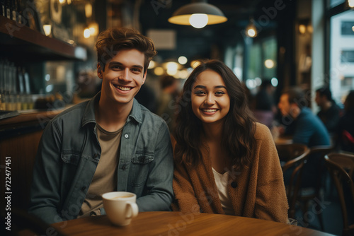 Happy smiling couple guy and casual girl sitting at table in cafe and looking at camera