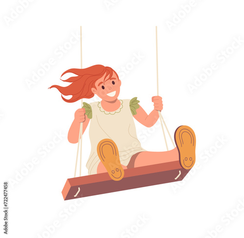 Little pretty girl child cartoon character riding on wooden swing isolated on white background