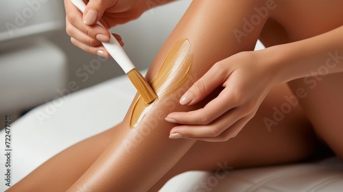 Beautiful woman doing waxing on her leg photo
