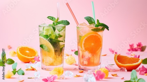  two glasses of iced tea with orange slices and mint on a pink background surrounded by flowers and ice cubes.