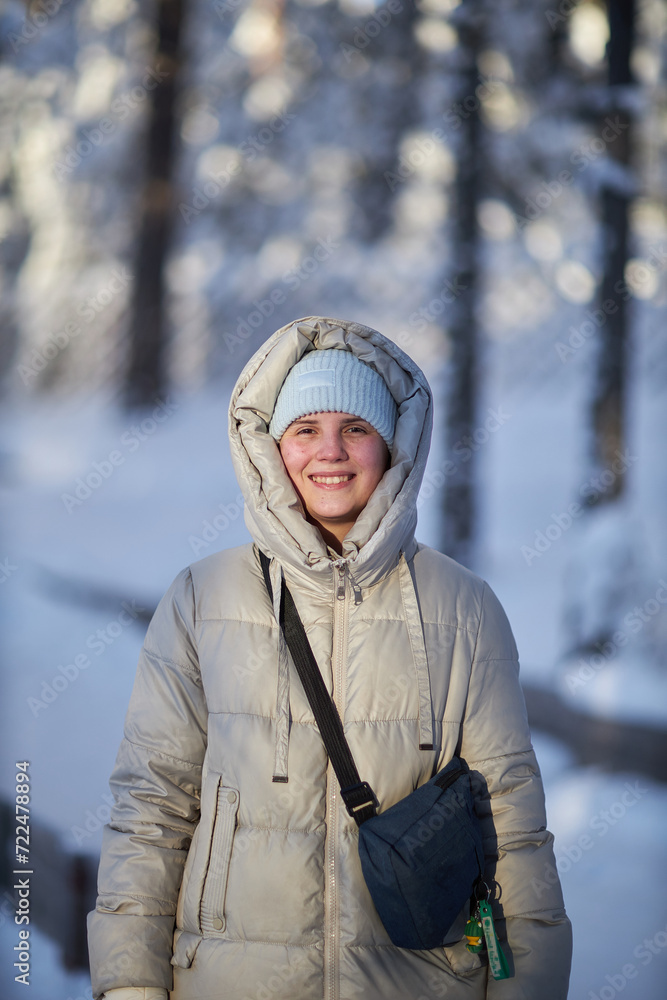 Woman Standing in Snow, Wearing Jacket Woman Standing in Snow, Wearing Jacket