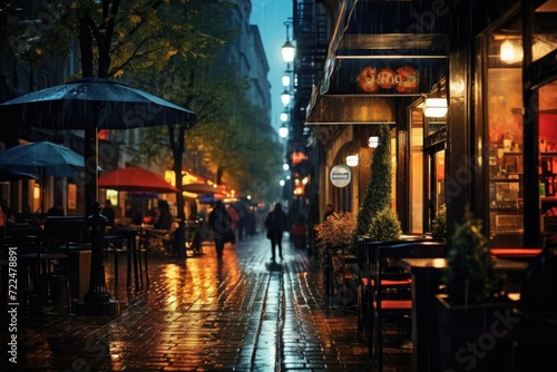 A rainy scene with people walking down a wet sidewalk. Suitable for depicting urban life in bad weather.