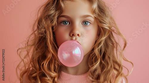Beautiful girl blows a big pink bubble from bubble gum