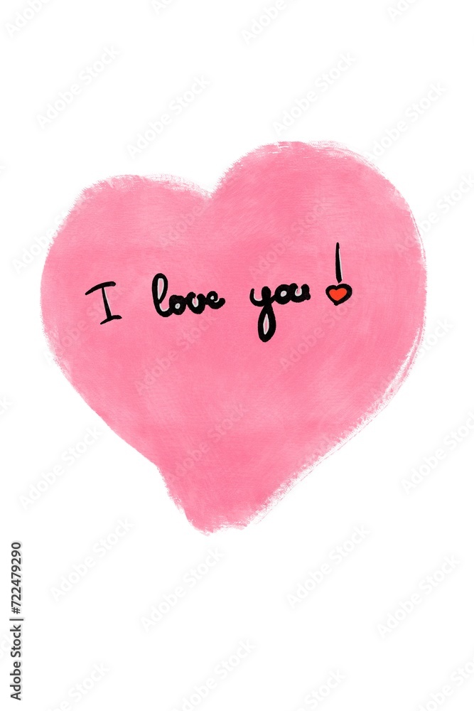 Watercolor heart with I love you lettering handdrawn illustration