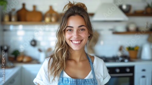 Beautiful young woman preparing breakfast in a white kitchen