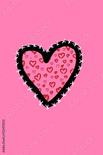 Black heart filled with small red hearts stitched to pink background illustration