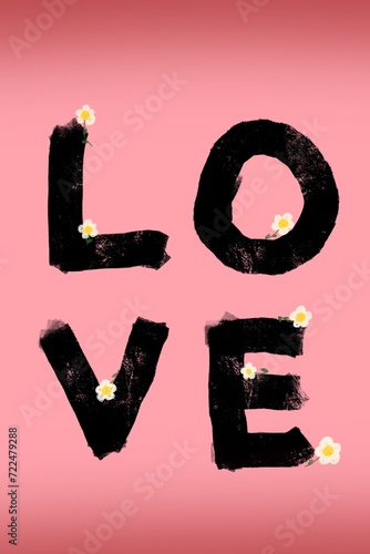 Hand drawn Love word valentines day card with small cute daisy flowers