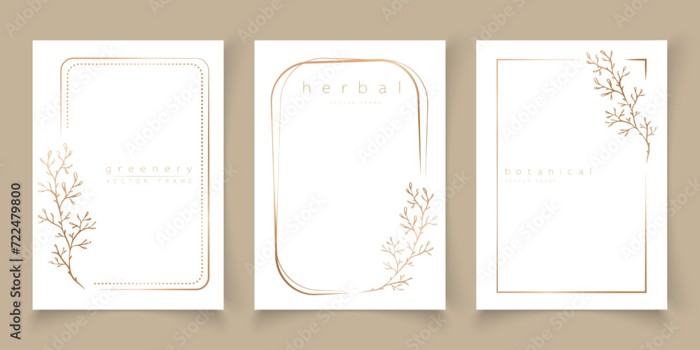 Set of frame templates in minimal linear style with hand drawn branches and leaves. Elegant frame. Botanical vector illustration for labels, corporate identity, wedding invitation, logo, save the date - obrazy, fototapety, plakaty 
