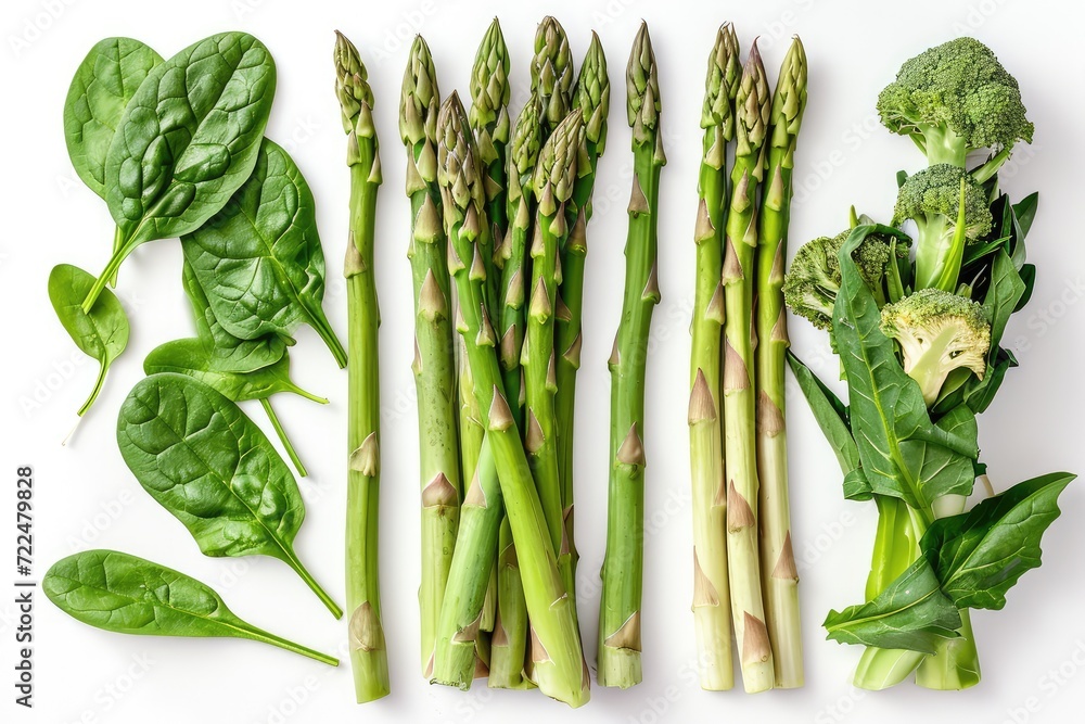 Fototapeta premium Asparagus Stalks and Spinach Leaves on White Background, Fresh Young Garden Asparagus