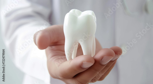 dentist holding a 3d model of a tooth, your healthy teeth under a safe hands concept 