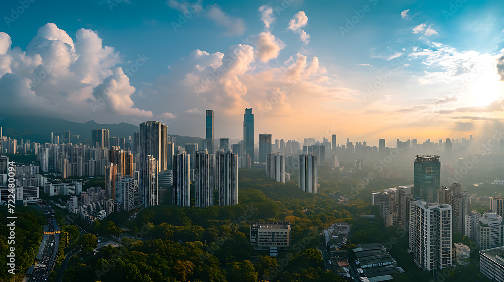 Behold the sprawling metropolis, a symphony of towering skyscrapers, gleaming under a golden sunset. Immerse yourself in the vibrant energy of urban life from this awe-inspiring vantage point.
