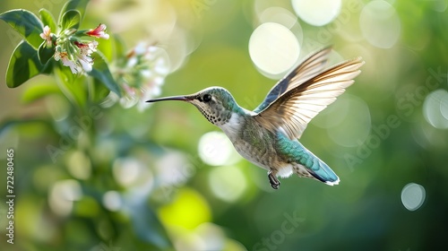Graceful Hummingbird in Flight, Hovering Near Blossoming Flowers with Sunlit Bokeh Background