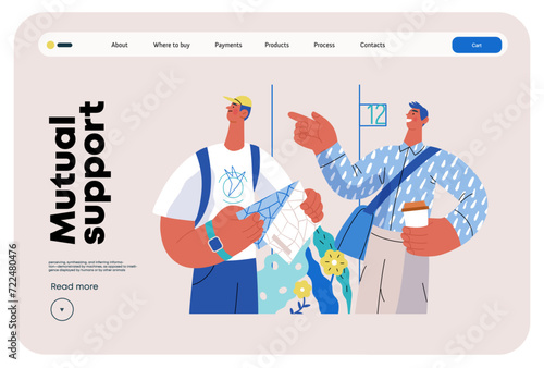 Mutual Support: Directing a passerby -modern flat vector concept illustration of man pointing the way to a tourist. A metaphor of voluntary, collaborative exchanges of resource, services