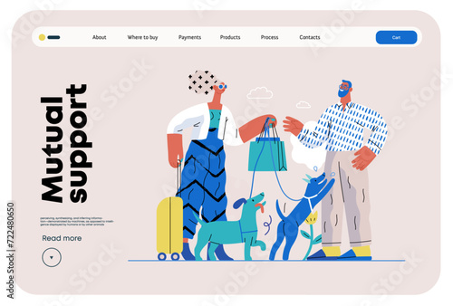 Mutual Support: Pet-sitting -modern flat vector concept illustration of a woman going on vacation leaving her dogs with neighbor. A metaphor of voluntary, collaborative exchanges of resource, services
