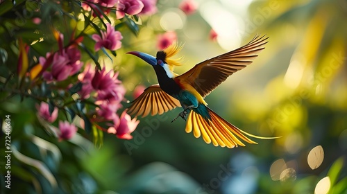 Vibrant Bird in Mid-Flight Amidst Blossoming Flowers Under the Glistening Sun
