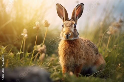 A rabbit sitting in a field of tall grass. Suitable for nature and wildlife themes