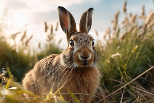 A close-up photograph of a rabbit in a field of grass. This image can be used to depict nature  wildlife  or animals in their natural habitat