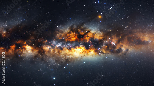 Mesmerizing panoramic view of the Milky Way galaxy with stunning stars and vibrant nebulae, illuminating the night sky in a breathtaking display of cosmic beauty.