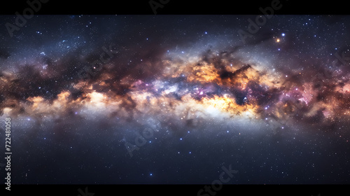 Mesmerizing panoramic view of the Milky Way galaxy with stunning stars and vibrant nebulae, illuminating the night sky in a breathtaking display of cosmic beauty.