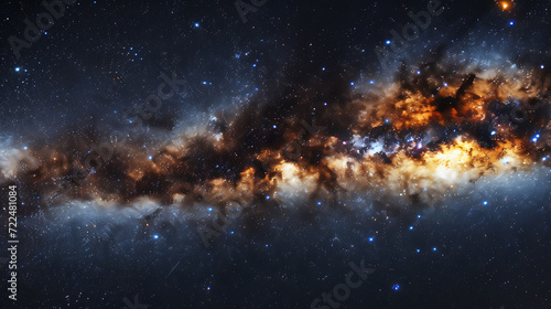 Mesmerizing panoramic view of the Milky Way galaxy with stunning stars and vibrant nebulae, illuminating the night sky in a breathtaking display of cosmic beauty.